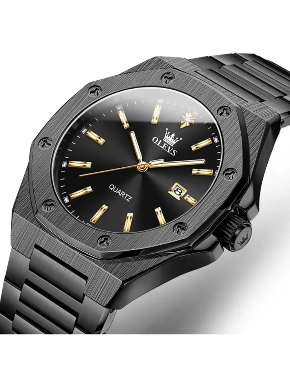 Men's Black Octagonal Luxury Stainless Steel Quartz Analog Large Face Wristwatch